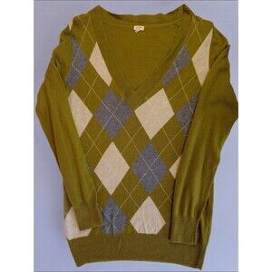 Women's J.Crew Argyle V-Neck Wool Cashmere Blend Sweater Olive Green Medium